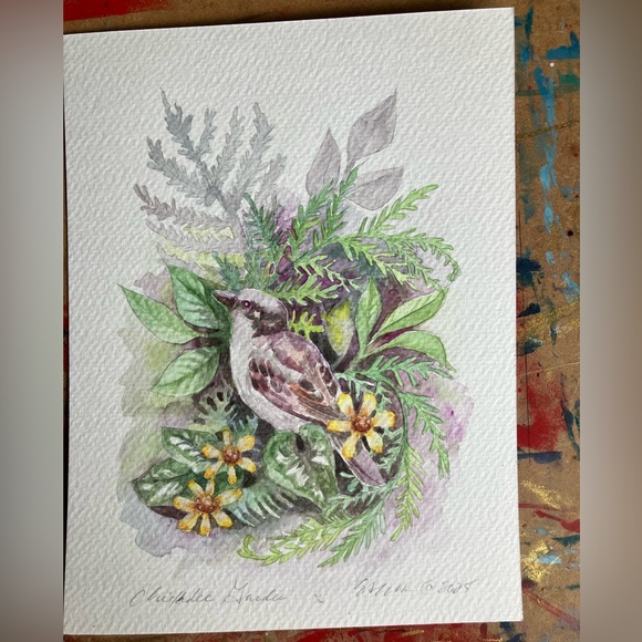 Original painting chickadee bird garden art botanical nature decor Artettina USA - Picture 6 of 8